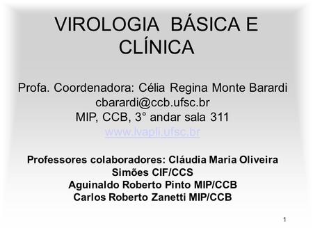 1 VIROLOGIA BÁSICA E CLÍNICA Profa. Coordenadora: Célia Regina Monte Barardi MIP, CCB, 3° andar sala 311  Professores.