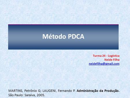 Método PDCA Turma 24 - Logística Neide Filha MARTINS, Petrônio G; LAUGENI, Fernando P. Administração da Produção. São Paulo: Saraiva,