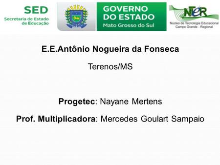E.E.Antônio Nogueira da Fonseca Terenos/MS Progetec: Nayane Mertens Prof. Multiplicadora: Mercedes Goulart Sampaio.