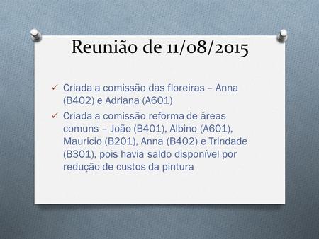 Reunião de 11/08/2015 Criada a comissão das floreiras – Anna (B402) e Adriana (A601) Criada a comissão reforma de áreas comuns – João (B401), Albino (A601),