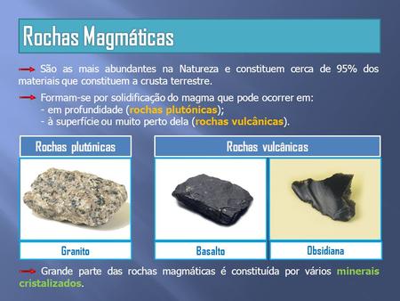 Granito Basalto Obsidiana Rochas vulcânicasRochas plutónicas São as mais abundantes na Natureza e constituem cerca de 95% dos materiais que constituem.