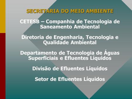 SECRETARIA DO MEIO AMBIENTE CETESB – Companhia de Tecnologia de Saneamento Ambiental Diretoria de Engenharia, Tecnologia e Qualidade Ambiental Departamento.