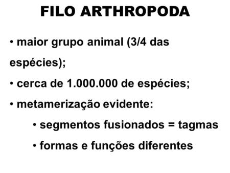 FILO ARTHROPODA maior grupo animal (3/4 das espécies);