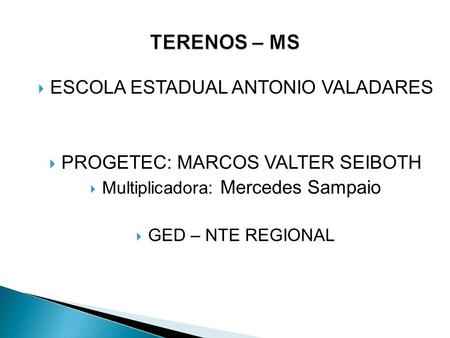  ESCOLA ESTADUAL ANTONIO VALADARES  PROGETEC: MARCOS VALTER SEIBOTH  Multiplicadora: Mercedes Sampaio  GED – NTE REGIONAL.