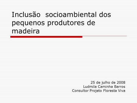 Inclusão socioambiental dos pequenos produtores de madeira 25 de julho de 2008 Ludmila Caminha Barros Consultor Projeto Floresta Viva.