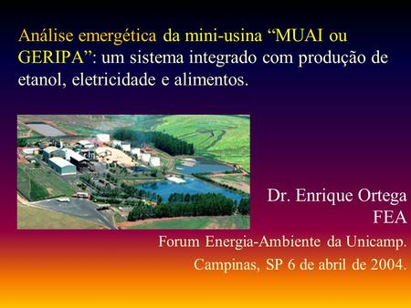 Análise emergética da mini-usina “MUAI ou GERIPA”: um sistema integrado com produção de etanol, eletricidade e alimentos. Dr. Enrique Ortega FEA Forum.