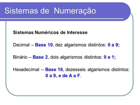 Sistemas de Numeração Sistemas Numéricos de Interesse
