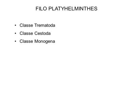 FILO PLATYHELMINTHES Classe Trematoda Classe Cestoda Classe Monogena.