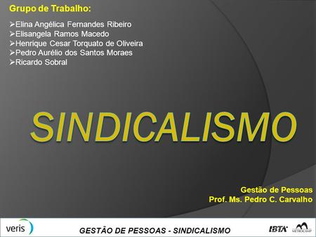 SINDICALISMO Grupo de Trabalho: Elina Angélica Fernandes Ribeiro