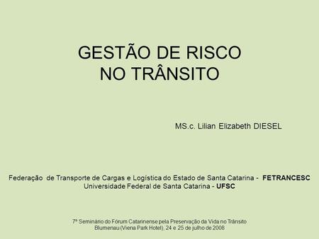 GESTÃO DE RISCO NO TRÂNSITO MS.c. Lilian Elizabeth DIESEL