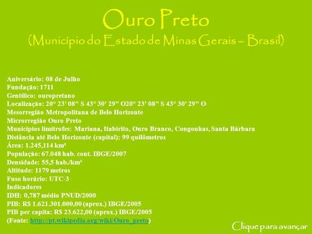 Ouro Preto (Município do Estado de Minas Gerais – Brasil)