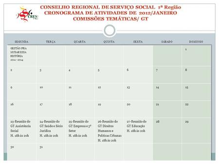 CONSELHO REGIONAL DE SERVIÇO SOCIAL 1ª Região CRONOGRAMA DE ATIVIDADES DE 2012/JANEIRO COMISSÕES TEMÁTICAS/ GT SEGUNDA TERÇA QUARTA QUINTA SEXTA SÁBADO.