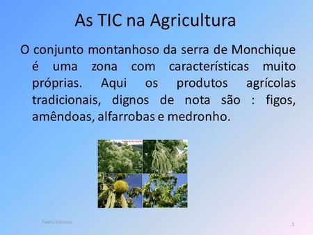 As TIC na Agricultura O conjunto montanhoso da serra de Monchique é uma zona com características muito próprias. Aqui os produtos agrícolas tradicionais,