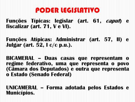 PODER LEGISLATIVO Funções Típicas: legislar (art. 61, caput) e fiscalizar (art. 71, V e VI). Funções Atípicas: Administrar (art. 57, II) e Julgar (art.