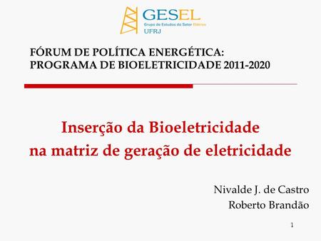 1 Inserção da Bioeletricidade na matriz de geração de eletricidade Nivalde J. de Castro Roberto Brandão FÓRUM DE POLÍTICA ENERGÉTICA: PROGRAMA DE BIOELETRICIDADE.
