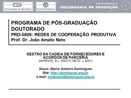 PROGRAMA DE PÓS-GRADUAÇÃO DOUTORADO PRO-5809: REDES DE COOPERAÇÃO PRODUTIVA Prof. Dr. João Amato Neto GESTÃO DA CADEIA DE FORNECEDORES E ACORDOS DE PARCERIA.