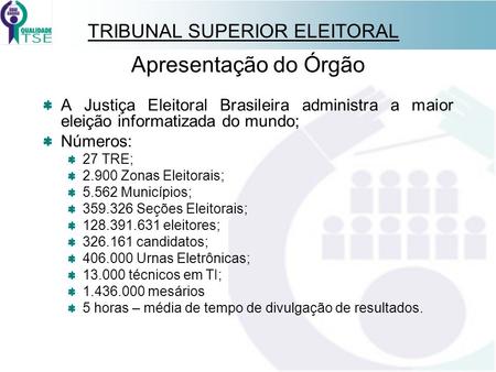Apresentação do Órgão A Justiça Eleitoral Brasileira administra a maior eleição informatizada do mundo; Números: 27 TRE; 2.900 Zonas Eleitorais; 5.562.
