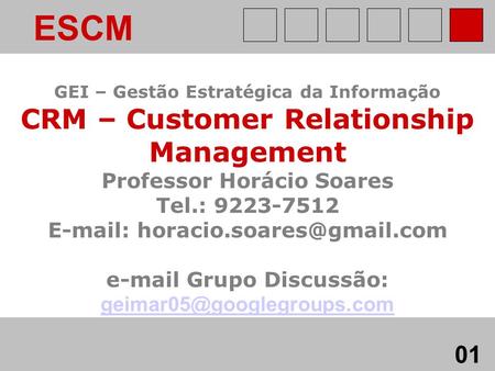 ESCM 01 geimar05@googlegroups.com GEI – Gestão Estratégica da Informação CRM – Customer Relationship Management Professor Horácio Soares Tel.: 9223-7512.