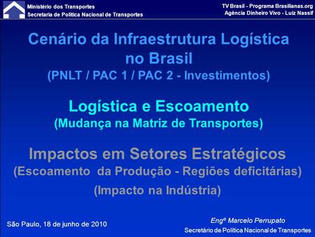 Ministério dos Transportes Secretaria de Política Nacional de Transportes TV Brasil - Programa Brasilianas.org Agência Dinheiro Vivo - Luiz Nassif São.