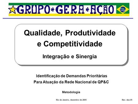 Identificação de Demandas Prioritárias Para Atuação da Rede Nacional de QP&C Qualidade, Produtividade e Competitividade Integração e Sinergia Rio de Janeiro,