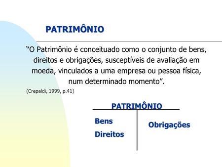 PATRIMÔNIO “O Patrimônio é conceituado como o conjunto de bens, direitos e obrigações, susceptíveis de avaliação em moeda, vinculados a uma empresa ou.