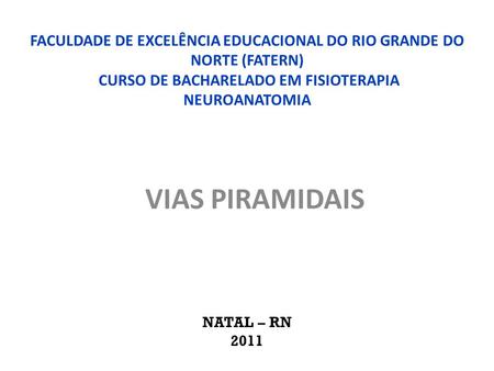 FACULDADE DE EXCELÊNCIA EDUCACIONAL DO RIO GRANDE DO NORTE (FATERN) CURSO DE BACHARELADO EM FISIOTERAPIA NEUROANATOMIA VIAS PIRAMIDAIS NATAL – RN 2011.