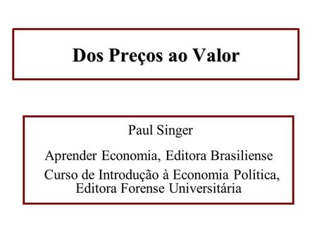 Dos Preços ao Valor Paul Singer Aprender Economia, Editora Brasiliense