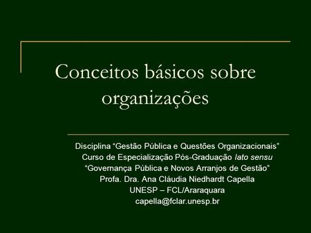 Conceitos básicos sobre organizações Disciplina Gestão Pública e Questões Organizacionais Curso de Especialização Pós-Graduação lato sensu Governança Pública.
