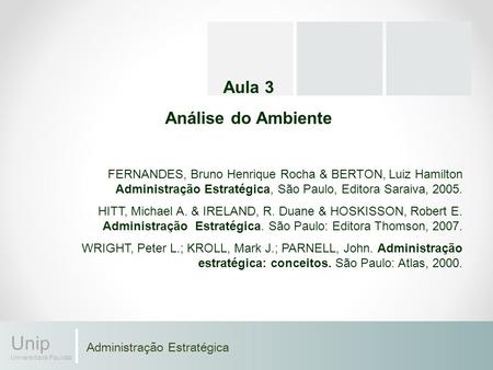 Administração Estratégica Unip Universidade Paulista Aula 3 Análise do Ambiente FERNANDES, Bruno Henrique Rocha & BERTON, Luiz Hamilton Administração Estratégica,
