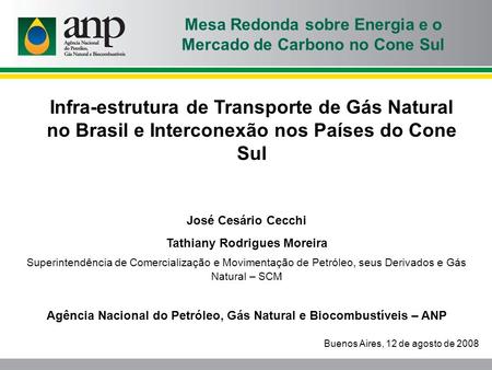 Infra-estrutura de Transporte de Gás Natural no Brasil e Interconexão nos Países do Cone Sul Buenos Aires, 12 de agosto de 2008 Mesa Redonda sobre Energia.
