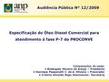 1 Audiência Pública N° 12/2009 Especificação do Óleo Diesel Comercial para atendimento à fase P-7 do PROCONVE Componentes da mesa: Rosângela Moreira de.