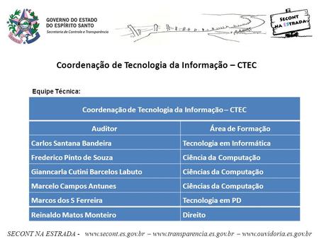 SECONT NA ESTRADA - www.secont.es.gov.br – www.transparencia.es.gov.br – www.ouvidoria.es.gov.br Coordenação de Tecnologia da Informação – CTEC AuditorÁrea.