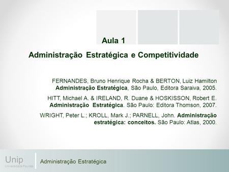 Administração Estratégica Unip Universidade Paulista Aula 1 Administração Estratégica e Competitividade FERNANDES, Bruno Henrique Rocha & BERTON, Luiz.