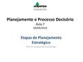 Planejamento e Processo Decisório Aula 7 18/04/2016 Etapas do Planejamento Estratégico Prof. Dr. Gustavo da Rosa Borges.