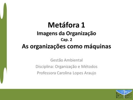 Metáfora 1 Imagens da Organização Cap. 2 As organizações como máquinas Gestão Ambiental Disciplina: Organização e Métodos Professora Carolina Lopes Araujo.