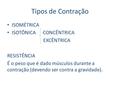 Tipos de Contração ISOMÉTRICA ISOTÔNICA CONCÊNTRICA EXCÊNTRICA