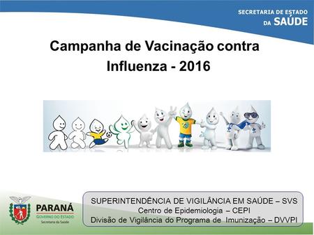 SUPERINTENDÊNCIA DE VIGILÂNCIA EM SAÚDE – SVS Centro de Epidemiologia – CEPI Divisão de Vigilância do Programa de Imunização – DVVPI Campanha de Vacinação.