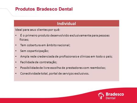 Produtos Bradesco Dental Individual Ideal para seus clientes por quê: É o primeiro produto desenvolvido exclusivamente para pessoas físicas; Tem cobertura.