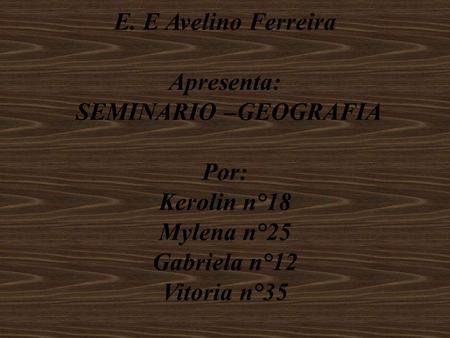 E. E Avelino Ferreira Apresenta: SEMINARIO –GEOGRAFIA Por: Kerolin n°18 Mylena n°25 Gabriela n°12 Vitoria n°35.