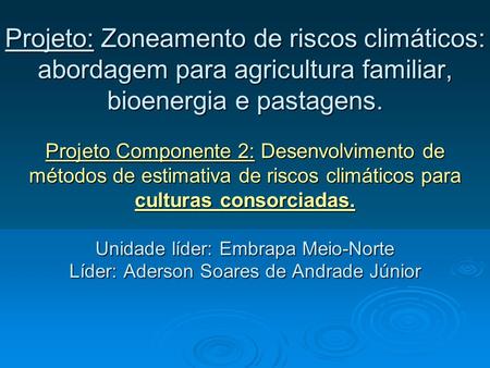 Projeto: Zoneamento de riscos climáticos: abordagem para agricultura familiar, bioenergia e pastagens. Projeto Componente 2: Desenvolvimento de métodos.