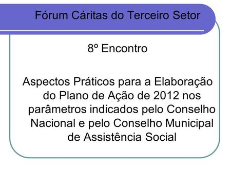 Fórum Cáritas do Terceiro Setor 8º Encontro Aspectos Práticos para a Elaboração do Plano de Ação de 2012 nos parâmetros indicados pelo Conselho Nacional.
