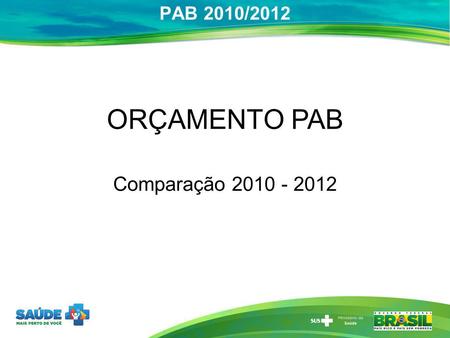 ORÇAMENTO PAB Comparação 2010 - 2012.