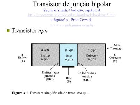 Transistor de junção bipolar Sedra & Smith, 4a edição, capítulo 4 http://ece-www.colorado.edu/~bart/book/book/toc5.htm adaptação – Prof. Corradi www.corradi.junior.nom.br.