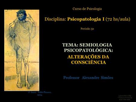 FUNEDI/UEMG Curso de Psicologia Disciplina: Psicopatologia I (72 hs/aula) Período: 5o Professor Alexandre Simões O louco. Pablo Picasso, 1904. ALEXANDRE.