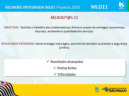 REUNIÃO INTEGRADA MLD| Projetos 2016 MLD11 11 OBJETIVO: Facilitar o trabalho dos colaboradores; diminuir prazos de entregas; economizar recursos,