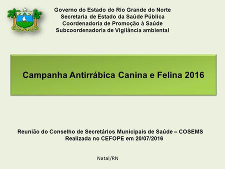 Governo do Estado do Rio Grande do Norte Secretaria de Estado da Saúde Pública Coordenadoria de Promoção à Saúde Subcoordenadoria de Vigilância ambiental.