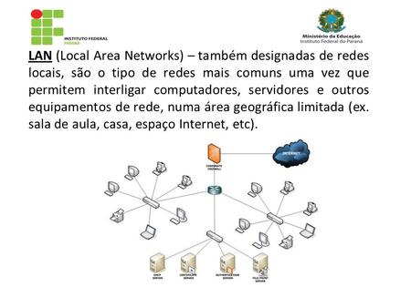 LAN (Local Area Networks) – também designadas de redes locais, são o tipo de redes mais comuns uma vez que permitem interligar computadores, servidores.