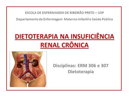 DIETOTERAPIA NA INSUFICIÊNCIA RENAL CRÔNICA Disciplinas: ERM 306 e 307 Dietoterapia ESCOLA DE ENFERMAGEM DE RIBEIRÃO PRETO – USP Departamento de Enfermagem.