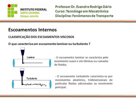 Professor Dr. Evandro Rodrigo Dário Curso: Tecnólogo em Mecatrônica Disciplina: Fenômenos de Transporte Escoamentos Internos CLASSIFICAÇÃO DOS ESCOAMENTOS.