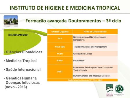 Page  1 INSTITUTO DE HIGIENE E MEDICINA TROPICAL Formação avançada Doutoramentos – 3º ciclo Ciências Biomédicas Medicina Tropical Saúde Internacional.